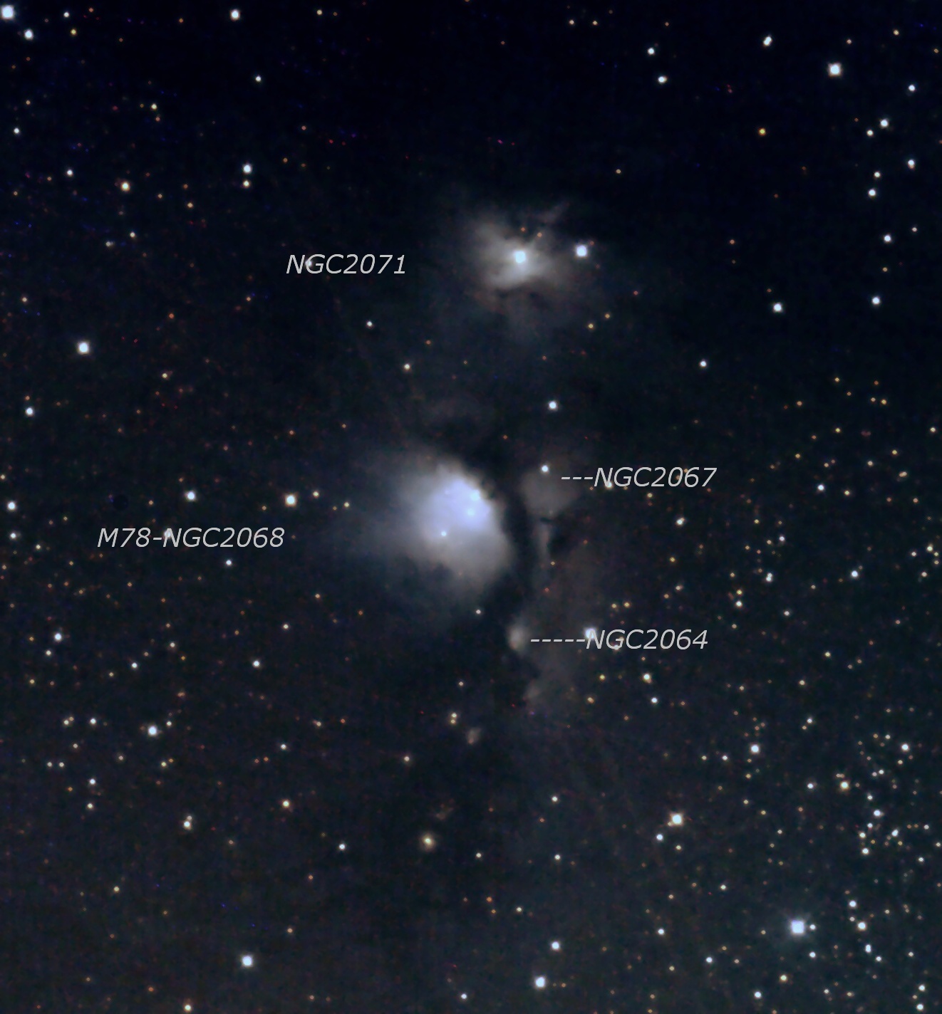 M78 reflexní mlhovina v Orionu a její sousedící galaxie..Popis. 